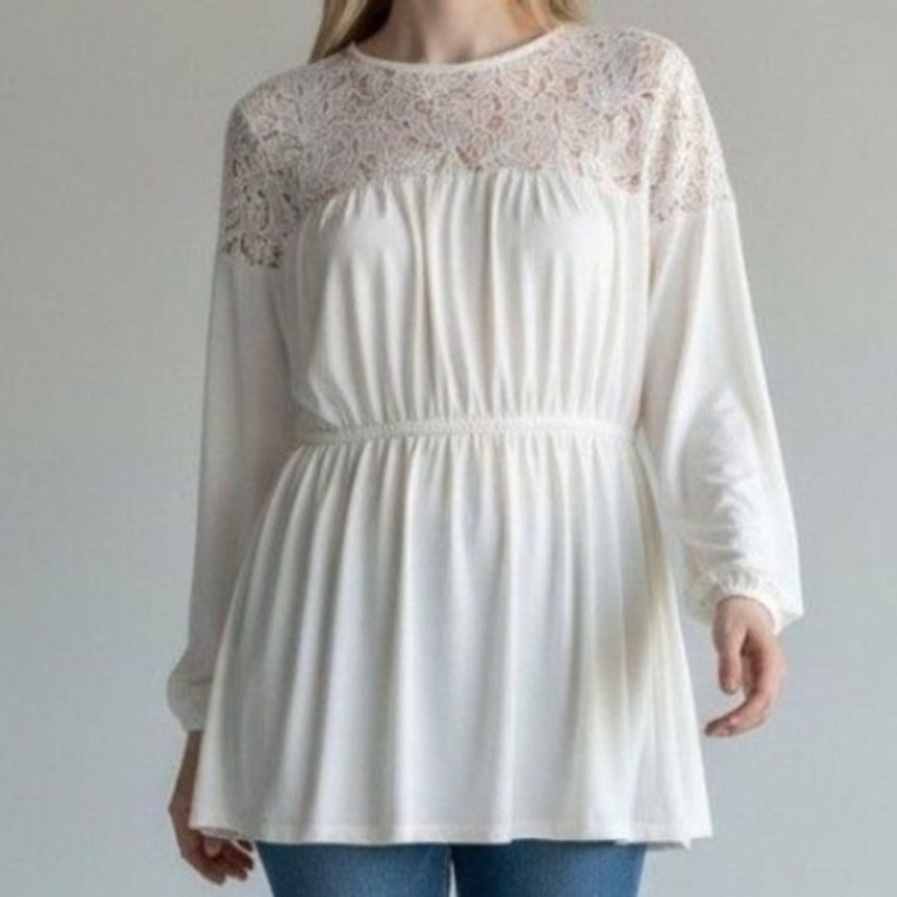Torrid Womens Ivory Lace Yoke Empire Waist Long Sleeve Blouse Top Size 0 L XL